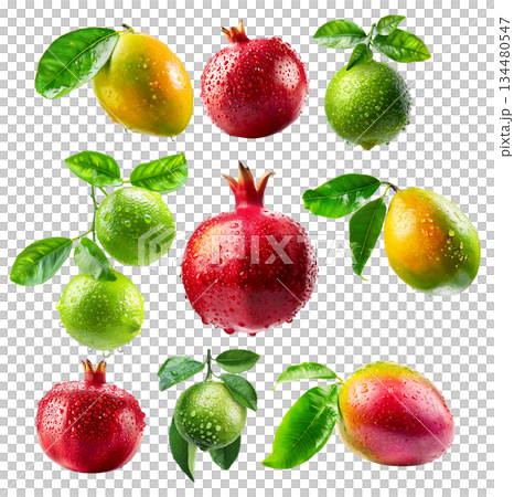 Ripe mango, lime and pomegranate with green leaves and water drops isolated on white transparent background 134480547