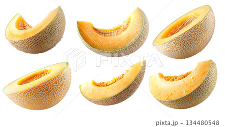 Set of cantaloupe melon isolated on a white transparent background Set of cantaloupe melon isolated on a white transparent background 134480548