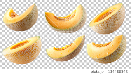 Set of cantaloupe melon isolated on a white transparent background Set of cantaloupe melon isolated on a white transparent background 134480548
