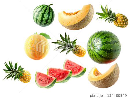 Set of pineapple, watermelon and cantaloupe melon with green leaves isolated on white background 134480549