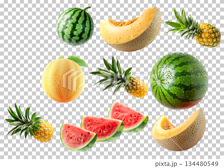 Set of pineapple, watermelon and cantaloupe melon with green leaves isolated on white background 134480549