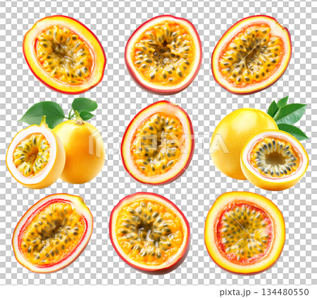 Set of passion fruit with vibrant seeds, green leaves, isolated on white transparent background. Set of passion fruit with vibrant seeds, green leaves, isolated on white transparent background. 134480550