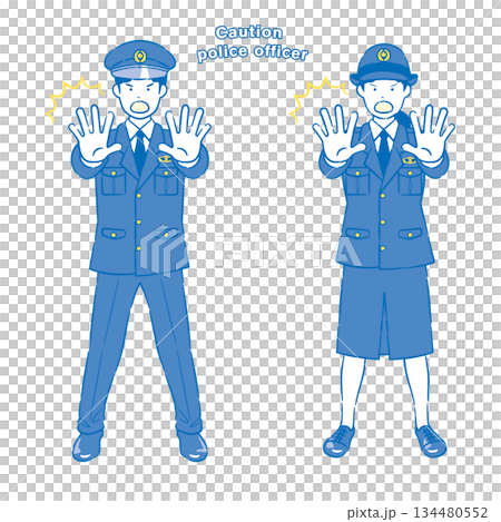 警告を促す表情の警察官 男女 2C 134480552