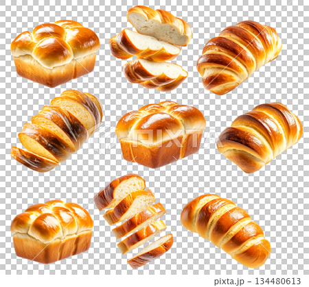 Set of golden-brown brioche loaf, isolated on white transparent background, concept of baked goods Set of golden-brown brioche loaf, isolated on white transparent background, concept of baked goods 134480613