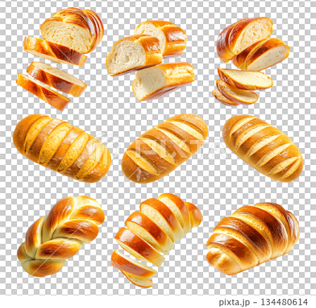 Set of baked braided Challah Jewish bread loaf with a golden crust, isolated on white transparent background Set of baked braided Challah Jewish bread loaf with a golden crust, isolated on white transparent background 134480614