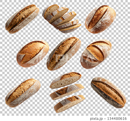 Set of loaf of rye bread isolated on white transparent background, showcasing texture and crust 134480616