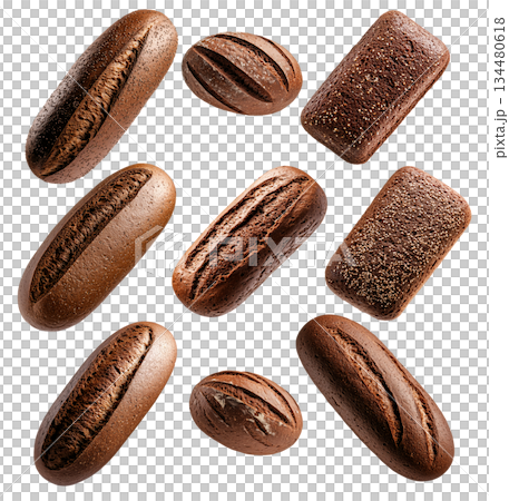 Set of Chocolate Pumpernickel bread loaf, isolated on white transparent background, concept of delicious dessert Set of Chocolate Pumpernickel bread loaf, isolated on white transparent background, concept of delicious dessert 134480618