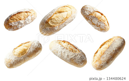 Set of Italian Ciabatta bread loaf with a light texture, isolated on white background, showcasing the art of baking 134480624