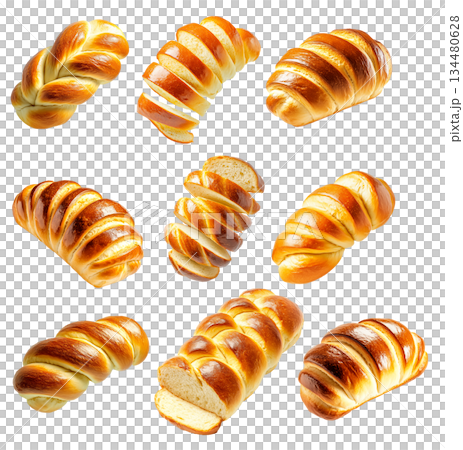 Set of baked braided Challah Jewish bread loaf with a golden crust, isolated on white transparent background 134480628