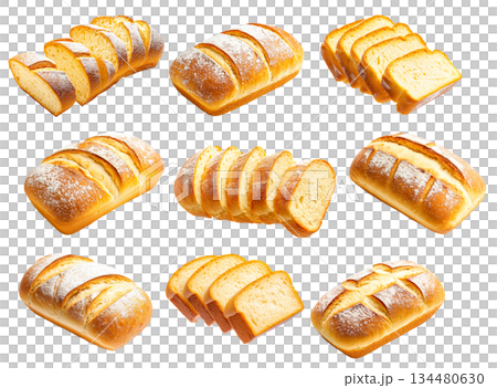 Set of English Muffin bread with a soft texture, dusted with flour, isolated on white transparent background Set of English Muffin bread with a soft texture, dusted with flour, isolated on white transparent background 134480630