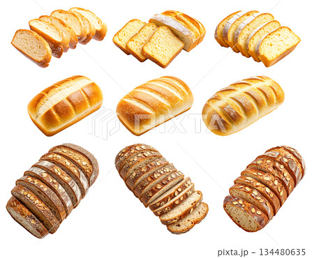 Various types of sliced artisan bread loaves with crusty and soft textures, isolated on white background, concept of bakery Various types of sliced artisan bread loaves with crusty and soft textures, isolated on white background, concept of bakery 134480635