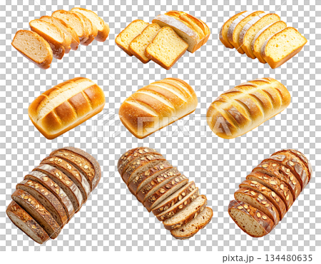 Various types of sliced artisan bread loaves with crusty and soft textures, isolated on white background, concept of bakery Various types of sliced artisan bread loaves with crusty and soft textures, isolated on white background, concept of bakery 134480635