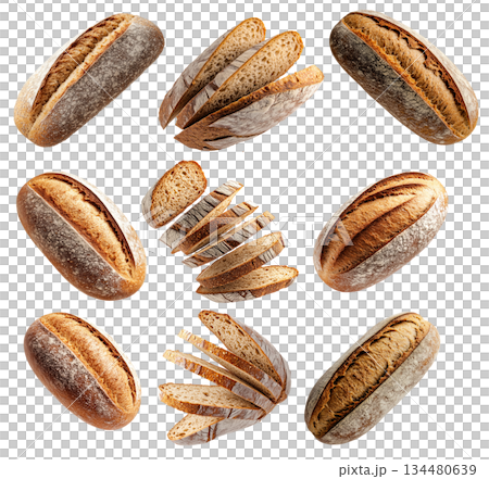 Set of loaf of rye bread isolated on white transparent background, showcasing texture and crust 134480639