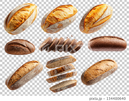 Assortment of different fresh bread loaves and slices on white background. Concept of bakery goods, food variety and freshness 134480640