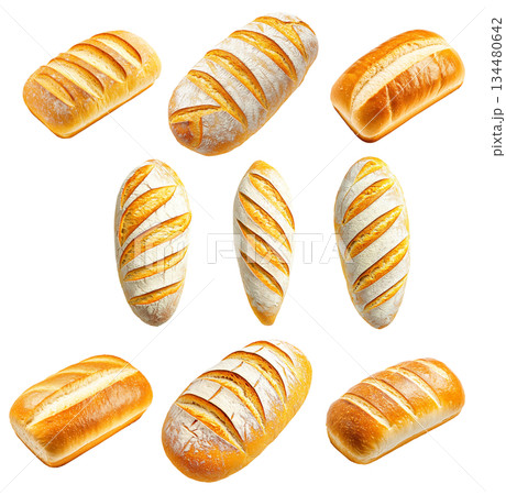 Set of loaf of wheat bread showing its golden crust and soft interior, isolated on white transparent background Set of loaf of wheat bread showing its golden crust and soft interior, isolated on white transparent background 134480642
