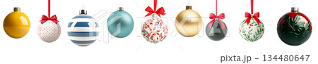 Various Christmas ornaments including baubles, stars, pine cone isolated on white background, New Yeaw and Christmas holidays 134480647