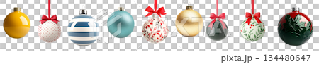 Various Christmas ornaments including baubles, stars, pine cone isolated on white background, New Yeaw and Christmas holidays 134480647