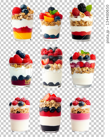 Set of Yogurt parfait with granola, raspberries, blackberries, and mint leaves in glass cup isolated on white background Set of Yogurt parfait with granola, raspberries, blackberries, and mint leaves in glass cup isolated on white background 134480650