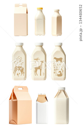 Set of plastic milk bottle with cap isolated on white background. Concept of packaging, storage, and container design Set of plastic milk bottle with cap isolated on white background. Concept of packaging, storage, and container design 134480652