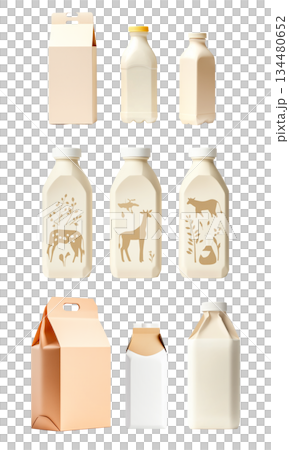 Set of plastic milk bottle with cap isolated on white background. Concept of packaging, storage, and container design Set of plastic milk bottle with cap isolated on white background. Concept of packaging, storage, and container design 134480652