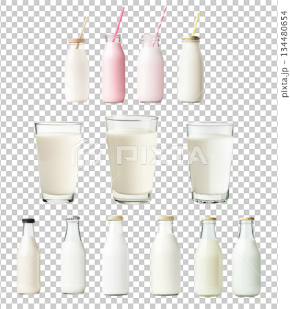 Set of Milk bottles with caps aligned in a row, isolated on white background. Concept of dairy products and freshness 134480654