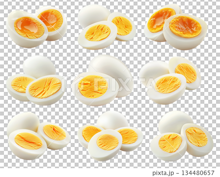 Whole and sliced hard-boiled eggs with firm yolk isolated on white transparent background Whole and sliced hard-boiled eggs with firm yolk isolated on white transparent background 134480657