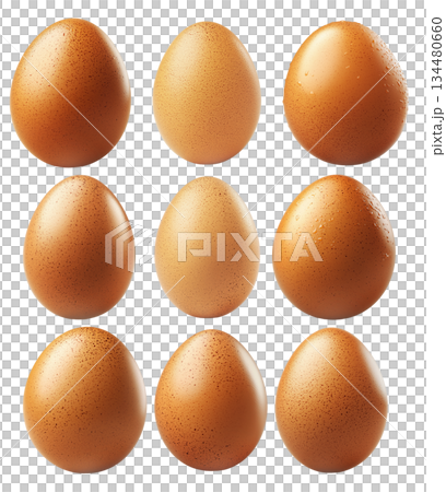 Speckled egg with natural pattern and smooth surface, isolated on white transparent background. 134480660