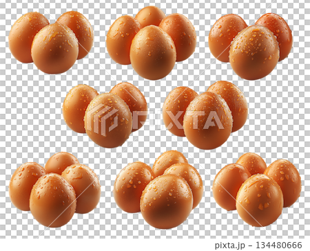 Fresh brown eggs covered in water droplets, isolated on white transparent background. Fresh brown eggs covered in water droplets, isolated on white transparent background. 134480666