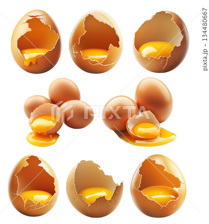 Close-up of cracked brown egg with yolk inside eggshell, isolated on white transparent background. Close-up of cracked brown egg with yolk inside eggshell, isolated on white transparent background. 134480667
