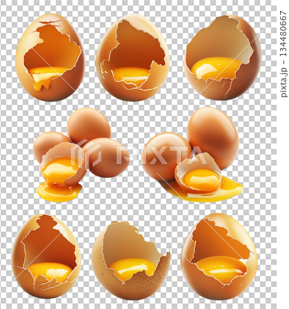 Close-up of cracked brown egg with yolk inside eggshell, isolated on white transparent background. Close-up of cracked brown egg with yolk inside eggshell, isolated on white transparent background. 134480667