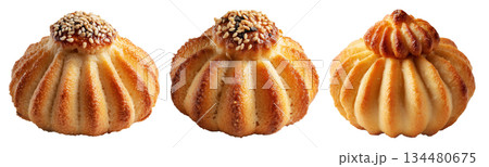 Set of Maamoul traditional sesame covered pastry, cookies powdered with sugar on white background. Concept of baked dessert food Set of Maamoul traditional sesame covered pastry, cookies powdered with sugar on white background. Concept of baked dessert food 134480675