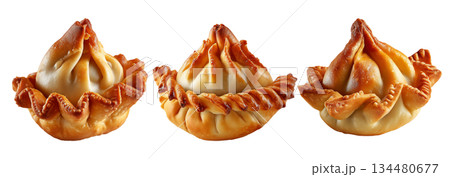 Set of Sambousek small crescent baked dumpling with twisted and pinched crust with cheese or meat, isolated on white background 134480677