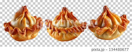Set of Sambousek small crescent baked dumpling with twisted and pinched crust with cheese or meat, isolated on white background 134480677