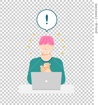 一幅描繪一位普通年輕男子在電腦前思考解決方案的插圖。扁平化設計。 134481848