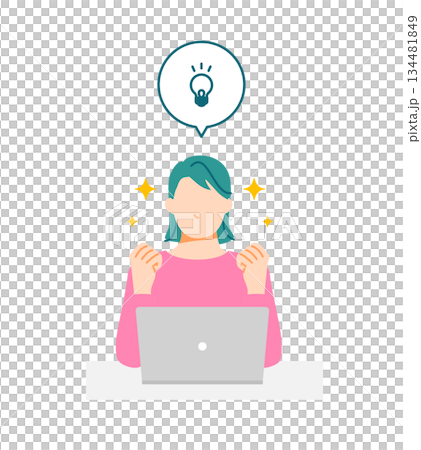 若い一般の女性がPCを前に解決策を思いつくイラスト。フラットデザイン。 134481849