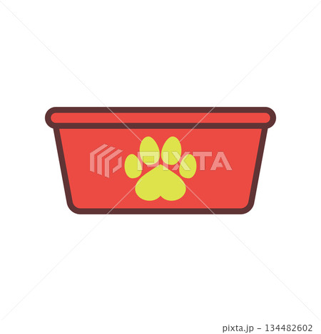 Empty dog food bowl with paw print. Vector icon. Isolated on white background. 134482602