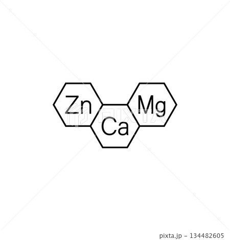 Calcium, magnesium and zinc vitamins. Ca, Mg, Zn icon and logo. Vector clipart and drawing. Isolated illustration on white background. 134482605
