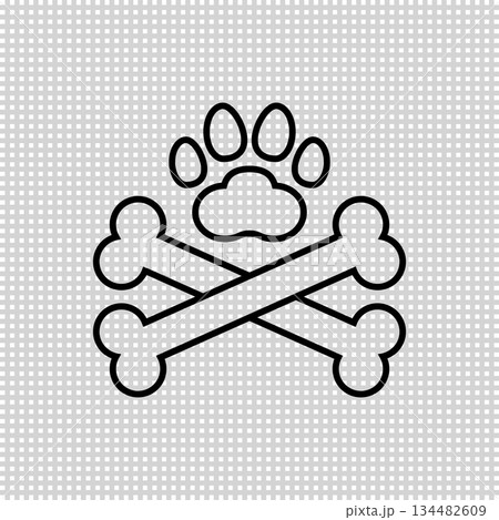Two dog crossbones and paw print. Crossed dog bones icon and logo design. Outline and line style. Isolated vector illustration on transparent background. 134482609