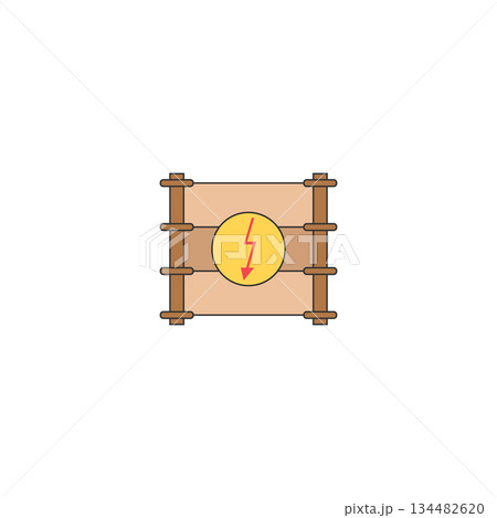 Electric fence icon with high voltage sign. Isolated vector illustration on white background. 134482620