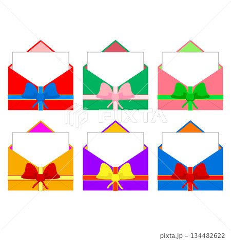 Opened gift envelope with a letter inside and ribbon bow. Set of colored bright vector illustrations. Opened gift envelope with a letter inside and ribbon bow. Set of colored bright vector illustrations. 134482622