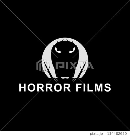 Horror films logo with monster illustration. Vector drawing on black background. 134482630