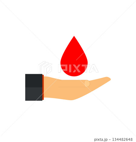 The palm of the hand with a drop of blood. Blood donation. Isolated vector illustration on white background.  134482648