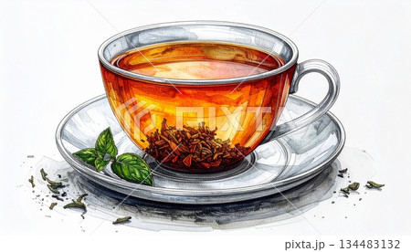 Watercolor Illustration of Hot Herbal Tea in Clear Cup with Mint Leaves 134483132