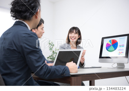会議室でミーティングするビジネスマン 企画の説明をする女性 プレゼンで説明する 会議室でミーティングするビジネスマン 企画の説明をする女性 プレゼンで説明する 134483224