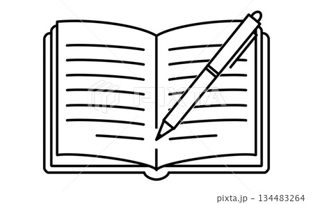 日記を書く趣味を表すノートとペンのアウトライン線画イラストアイコン 134483264