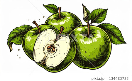 Illustration of Green Apples with Leaves and Seeds on White Background 134483725