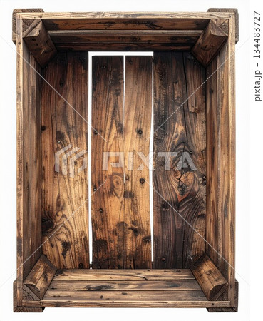 Empty Rustic Wooden Crate Structure with Dark Patches and Corner Supports on Isolated White Background Studio 134483727