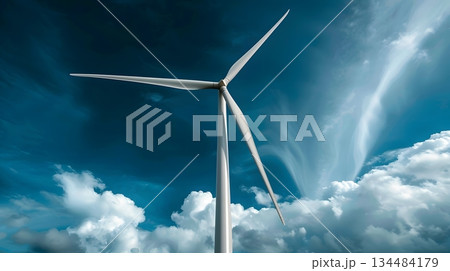 青空に回転する白い風力発電タービン 134484179