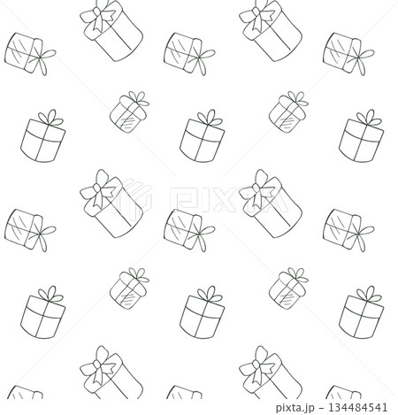 Seamless Hand Drawn Gift Boxes Pattern in Minimal Black Line Style 134484541