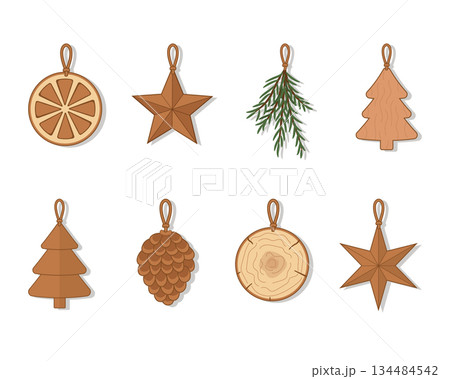 Handmade Wooden Christmas Ornaments Set with Star Tree Pinecone and Orange Slice 134484542